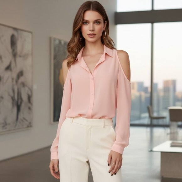 F21 Peach Light Coral Pastel Sheer Chiffon Off Shoulder Button Up Top Blouse L - Picture 5 of 13